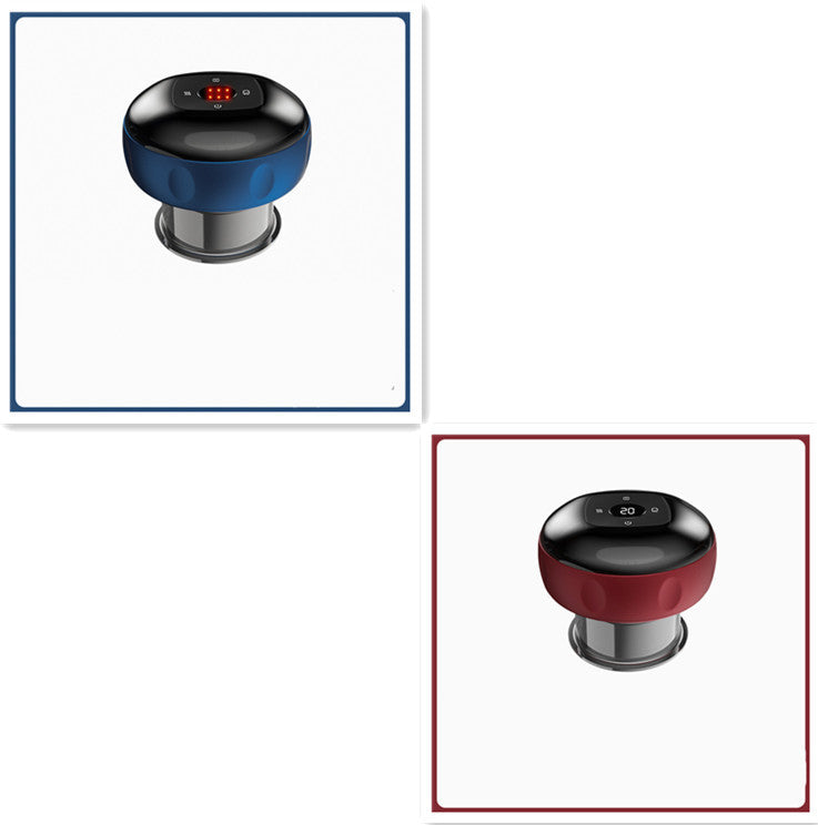 Compact electric cupping massage devices in blue and red with digital display and transparent suction cups.