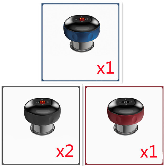 Set of three electric vacuum cupping massage body cups in blue, black, and red with digital display screens and USB charging .