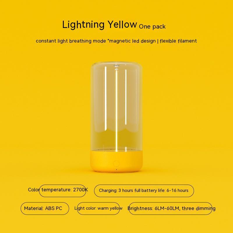 Yellow cylindrical LED camping light with transparent top and smooth matte base on yellow background.