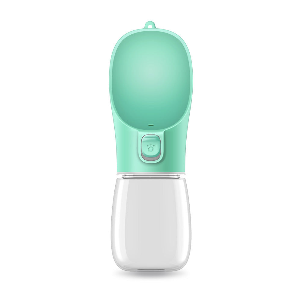 Portable mint green dog water bottle with foldable bowl and leakproof stopper.