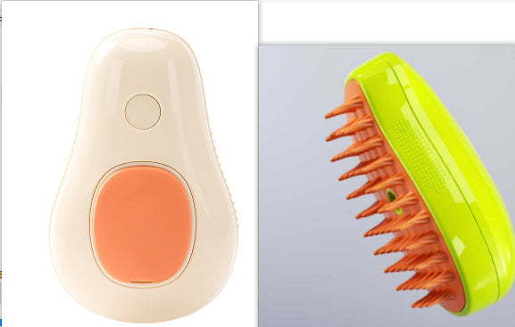Cream white avocado-shaped electric cat brush with orange silicone pad and green side view showing orange bristles.