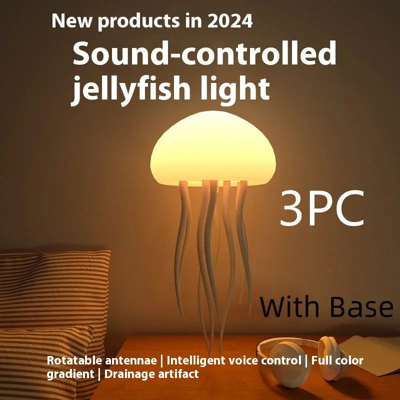 Warm yellow LED jellyfish mood lamp with translucent tentacles on a round base, glowing softly.
