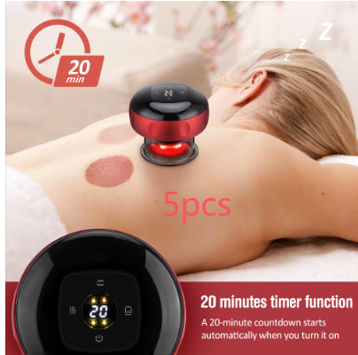 Red and black electric vacuum cupping massager on back with digital timer display showing 20 minutes.