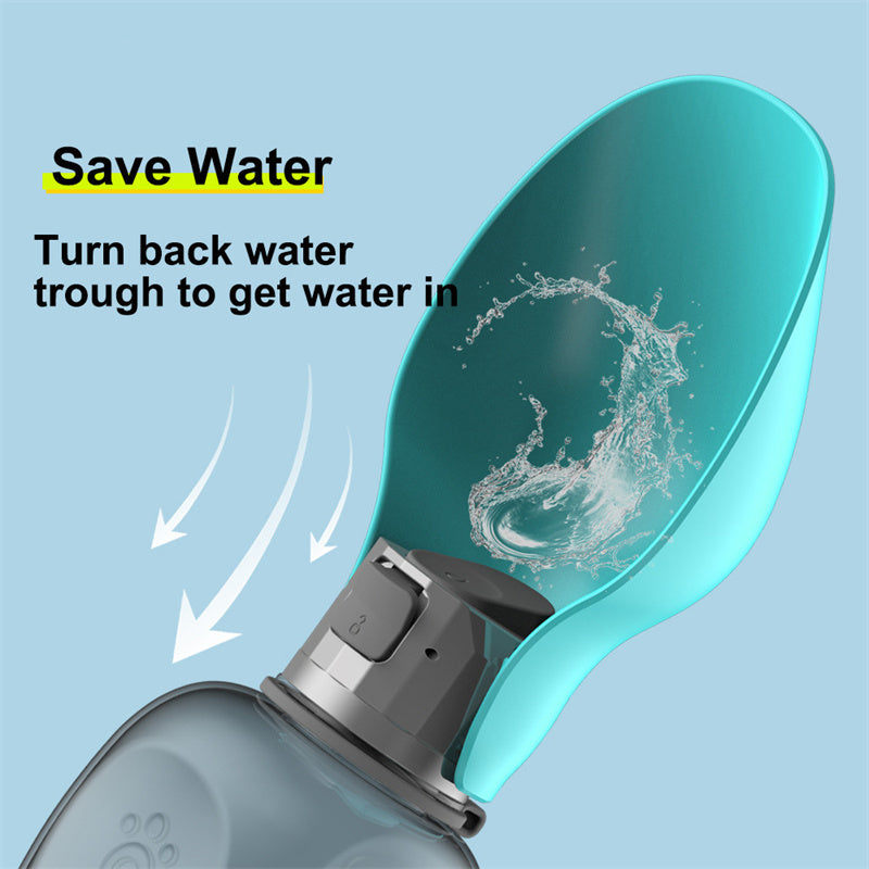 Portable turquoise dog water bottle with foldable bowl and splash of water.