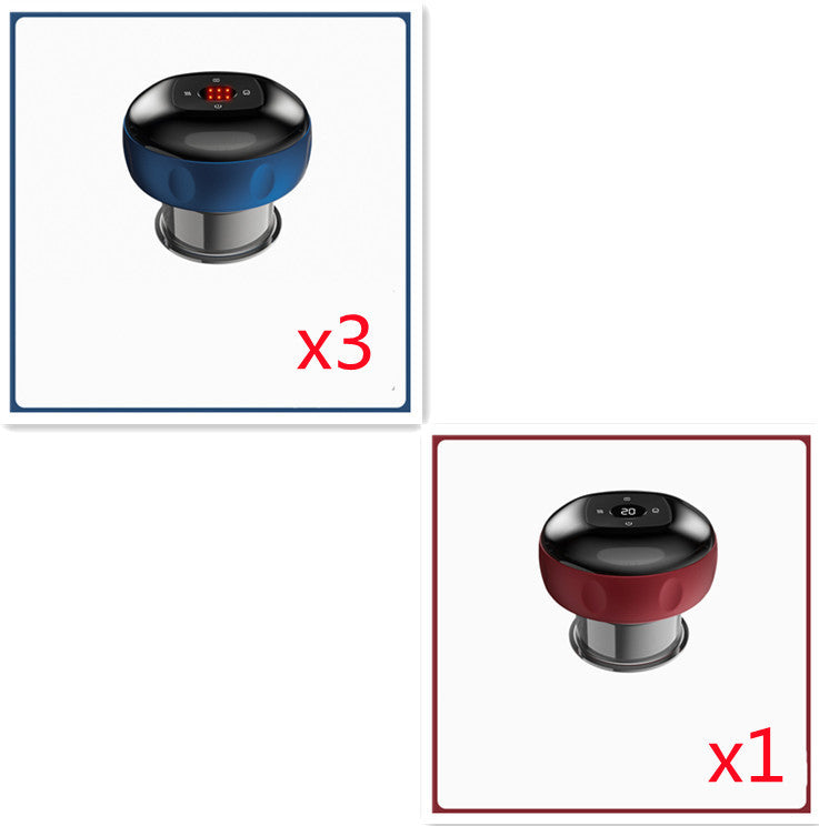 Set of three blue and one red electric vacuum cupping massage body cups with digital displays and USB charging ports.