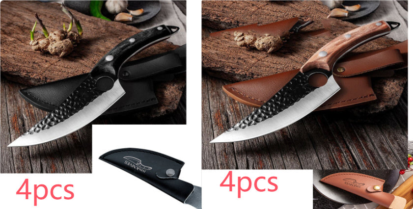 Set of four small scimitar-style butcher knives with textured blades and ergonomic handles in black and brown, each with.