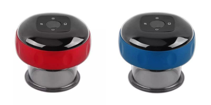Two round electric vacuum cupping massage devices with black tops and LED display, one with red and one with blue sides.