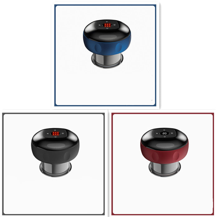 Set of three electric vacuum cupping massage body cups in blue, black, and red with digital display on top and transparent.