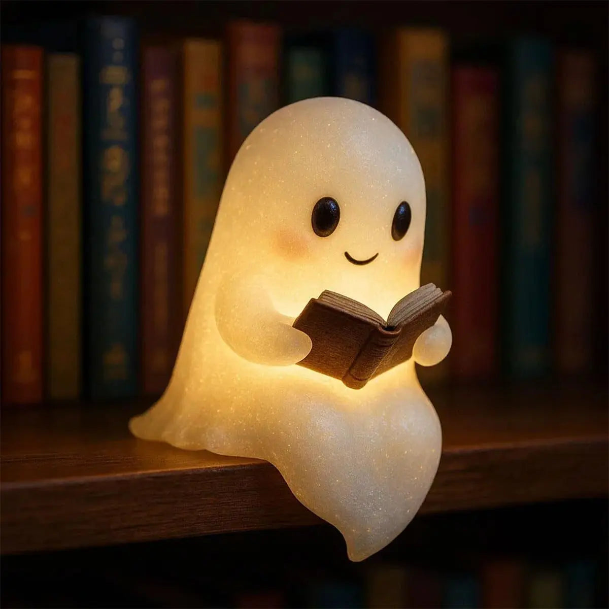 Small glowing ghost night light holding an open book with a warm yellow light.