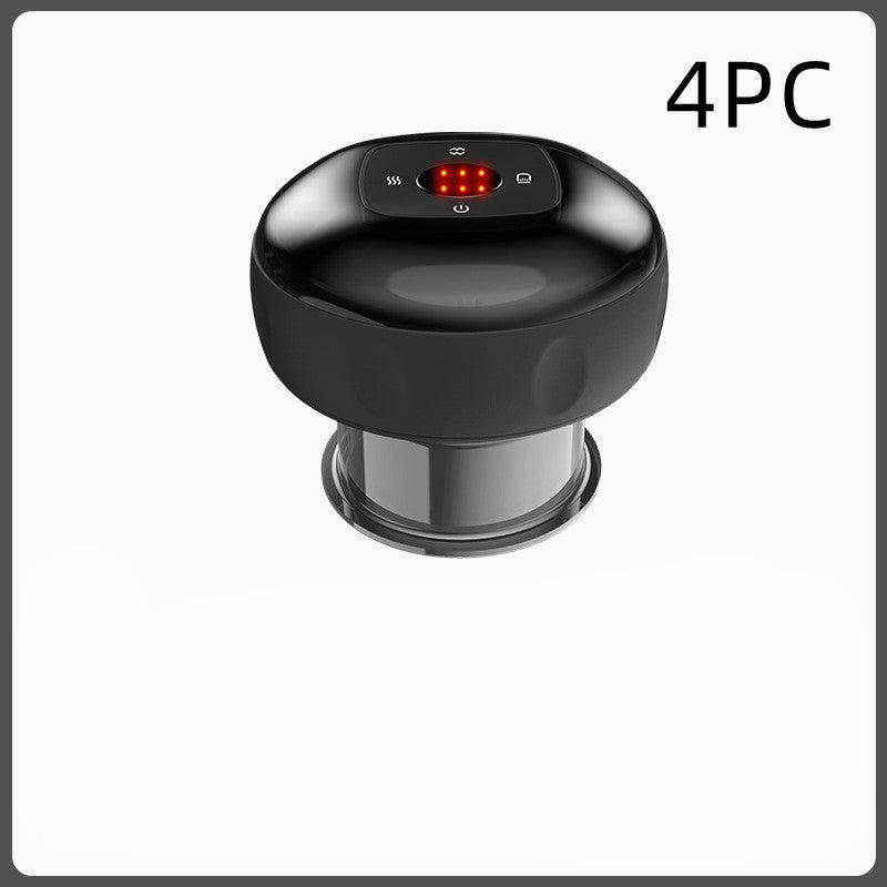 Black electric vacuum cupping massage body cup with digital display and 4-piece set label.