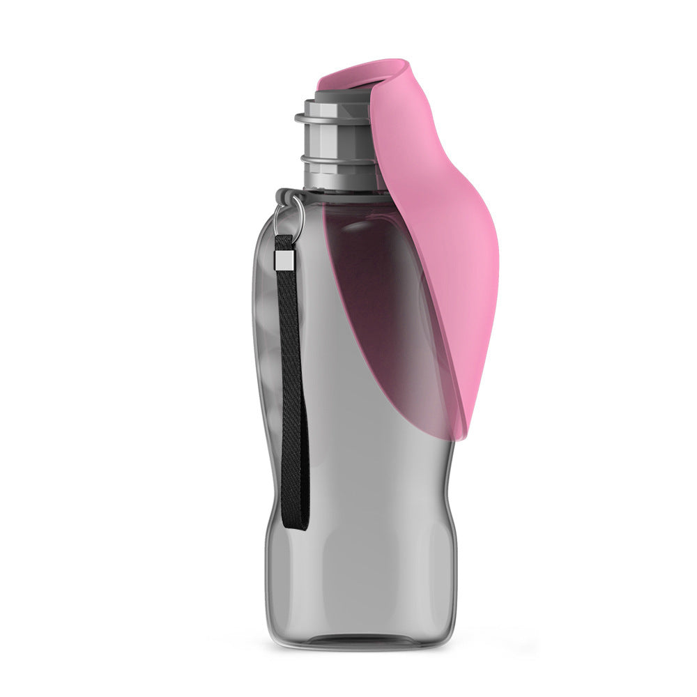 800ml grey portable dog water bottle with pink foldable drinking bowl and black strap.