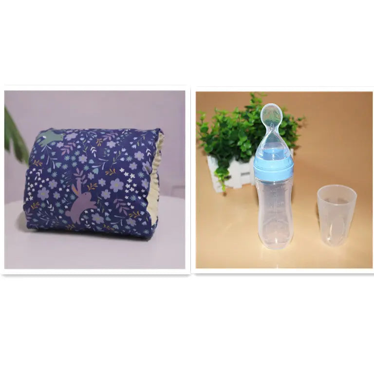 Dark blue nursing pillow with light purple rabbit and flower patterns, curved U-shape cushion.