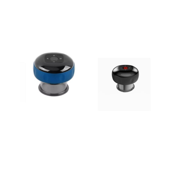 Electric vacuum cupping massage body cups in blue and black with USB charging ports and LED display buttons.