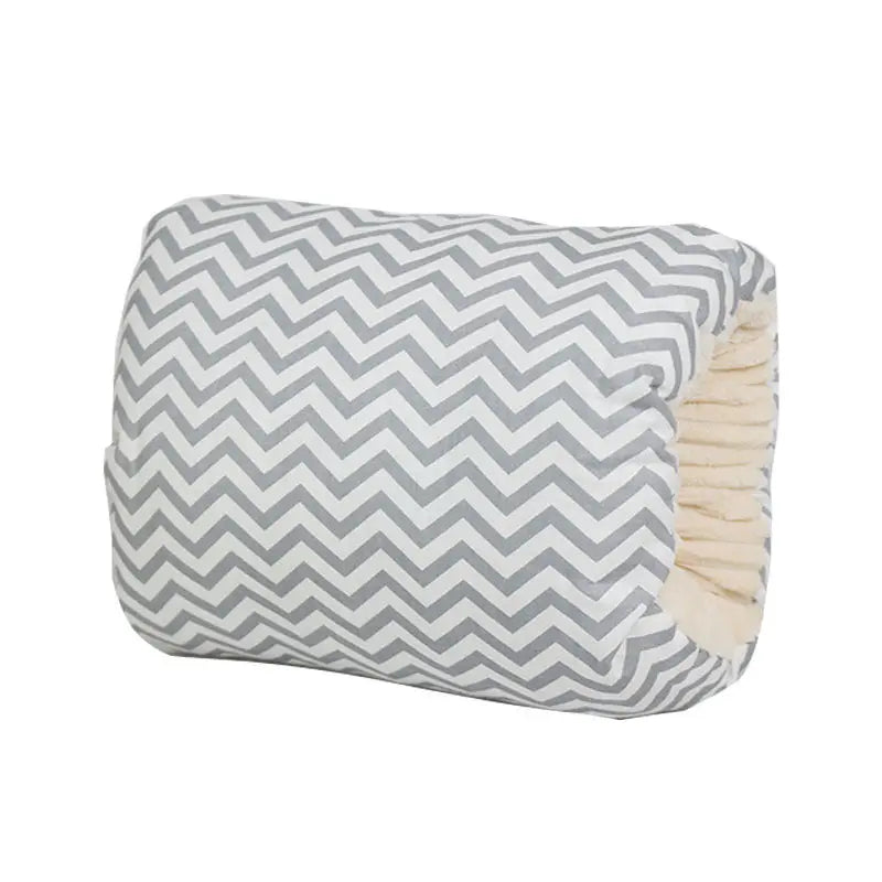 Gray cotton nursing arm pillow with white zigzag chevron pattern, U-shaped cushion design.